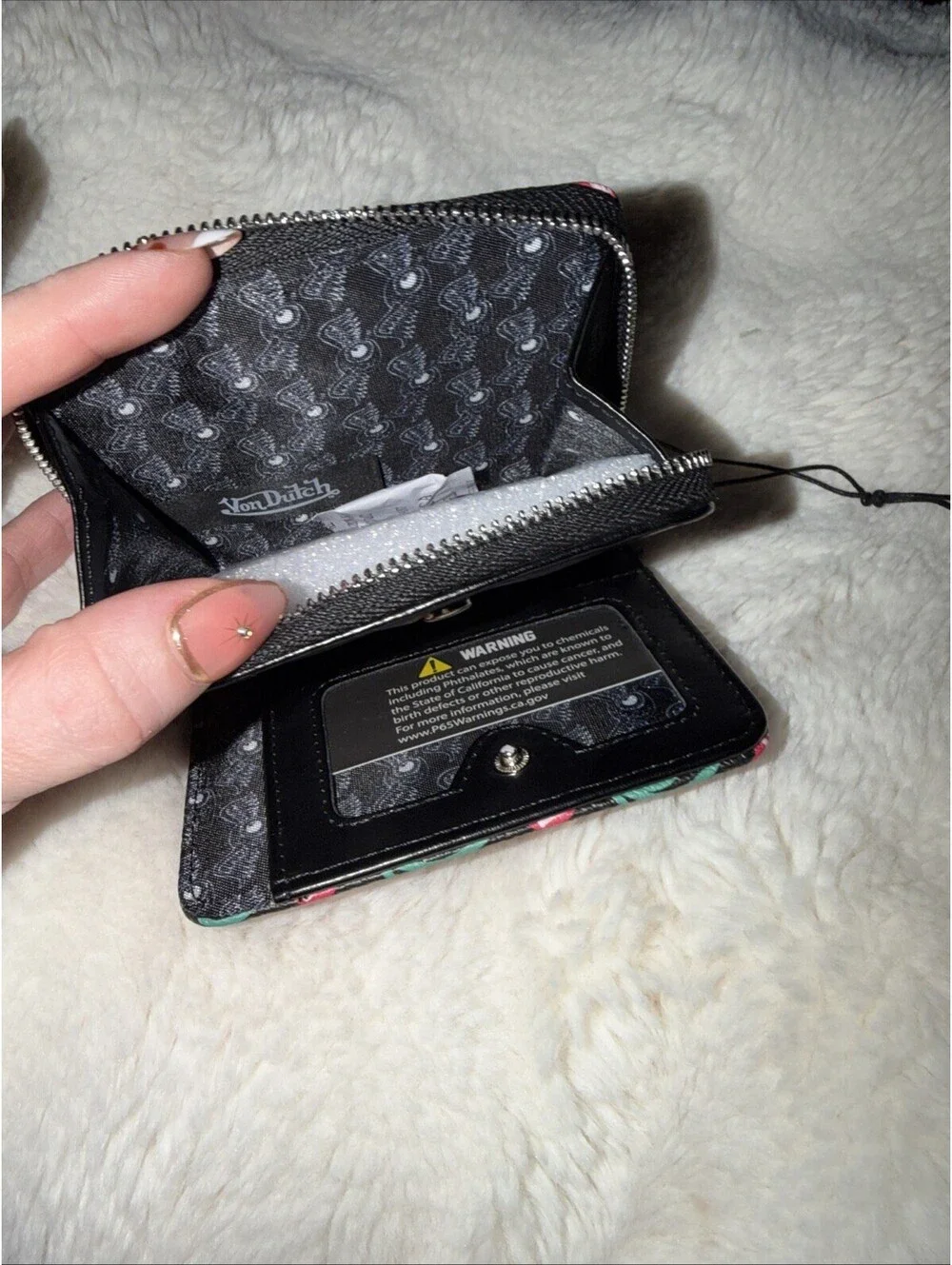 Von Dutch Black Cherry Zip Up Bifold Faux Leather Wallet Cherry & Logo Print NWT